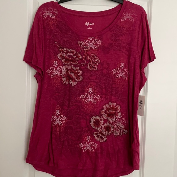 Style & Co Raspberry Scoopneck Pattern T Shirt Siz L NWT - Picture 1 of 6